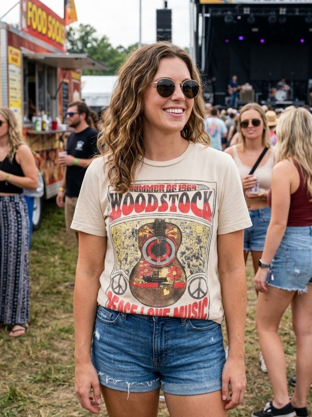 Woodstock Graphic Tee - Beige Short Sleeve Women’s Top